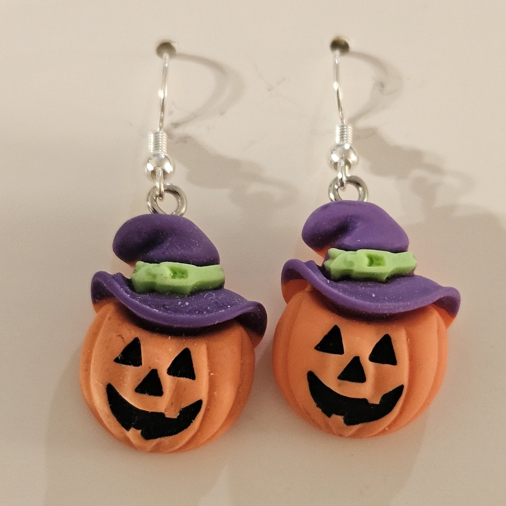 Hand Crafted Halloween Pumpkin Which Earrings - Orange and Purple